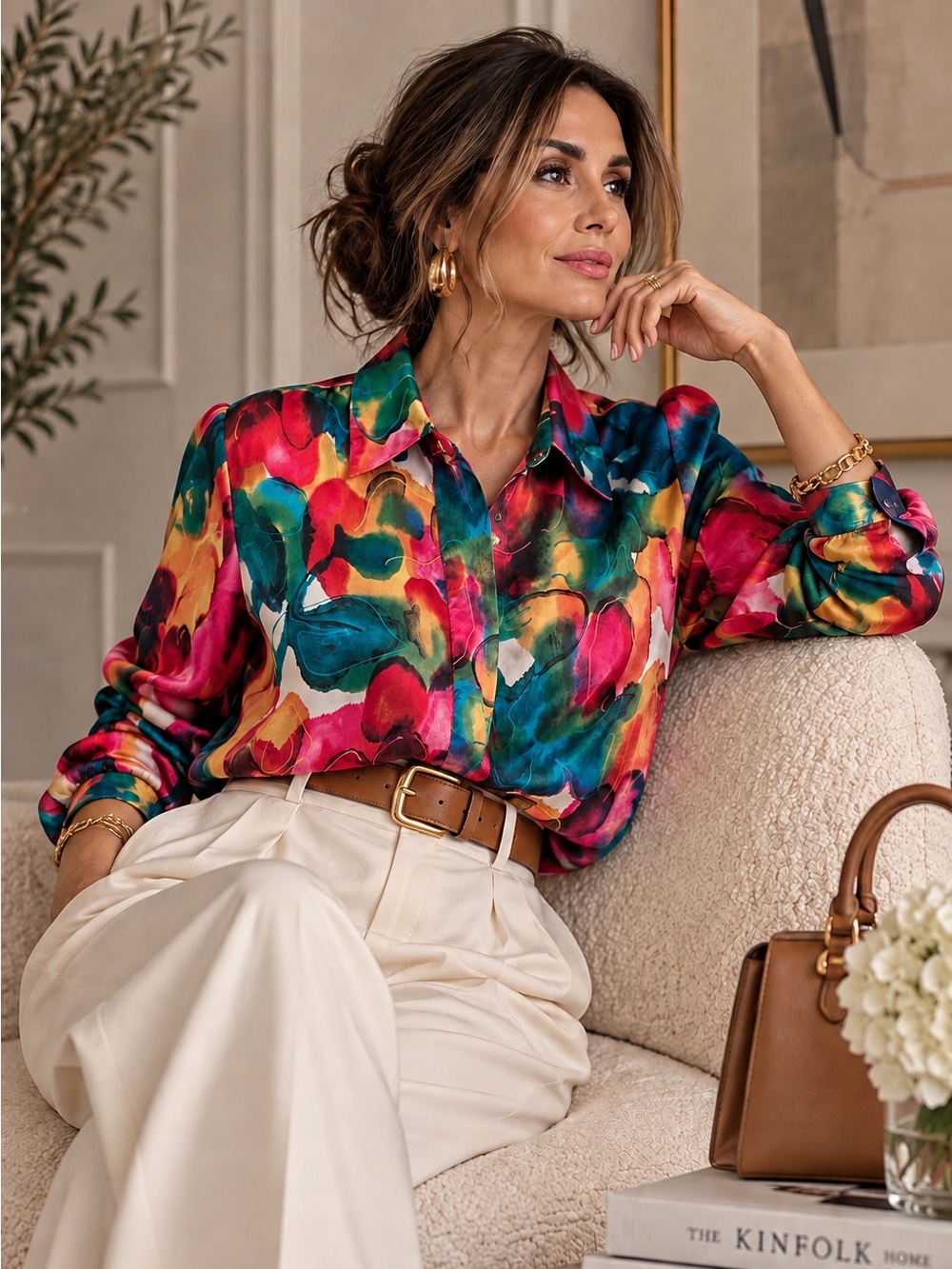 Jane Alexander 100% Silk Abstract Art Print Button Down Blouse Multicolor Top